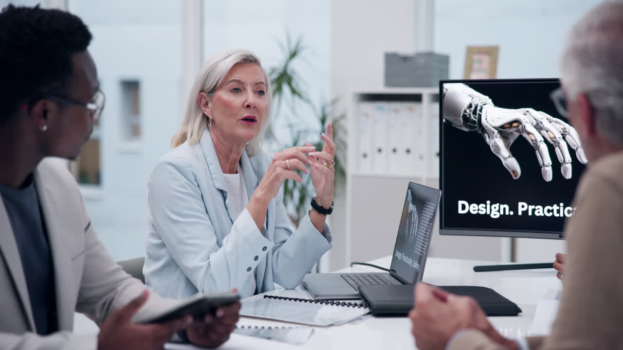 Business meeting discussing robotics design