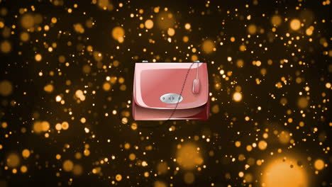animación de un bolso rosa sobre brillantes manchas de luz naranja que se mueven sobre un fondo oscuro