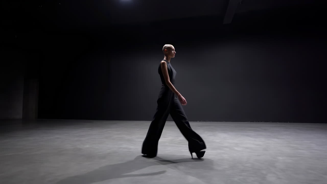 Minimalist Studio Caucasian Model Walking Slowly Across Concrete Floor Under Dramatic Spotlight, Bald Head,