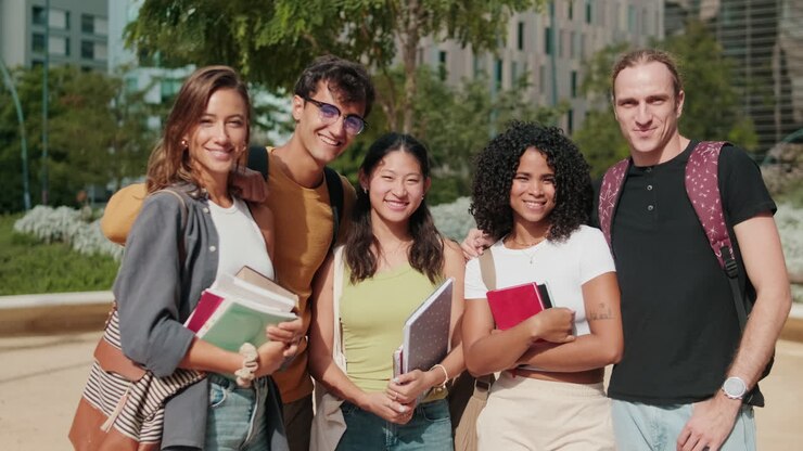 Diverse group of teenage student friends standing together, having fun smiling