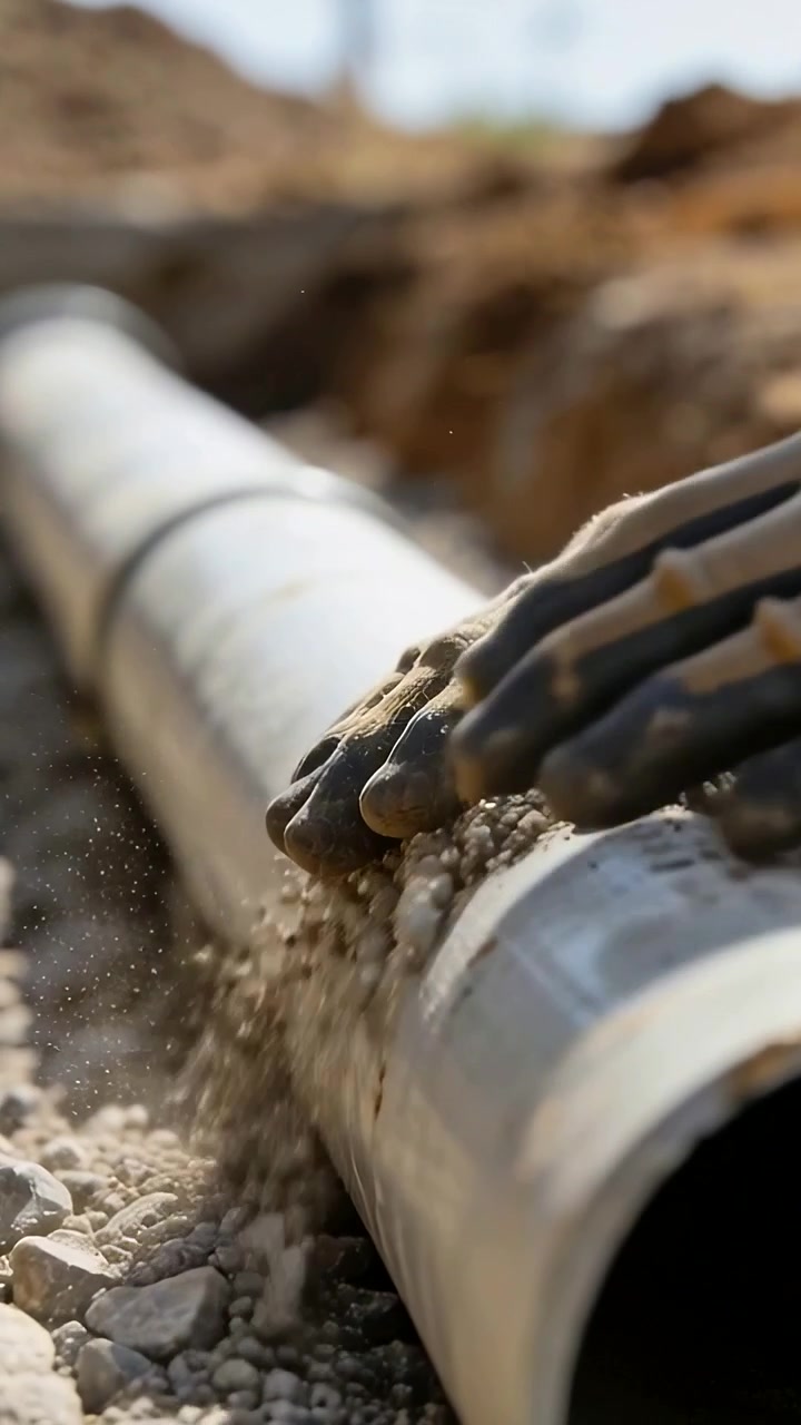 Vertikal video: Lægger grus, arbejderens handskeklædte hænder udglatter et rørled i en grøft til underlag