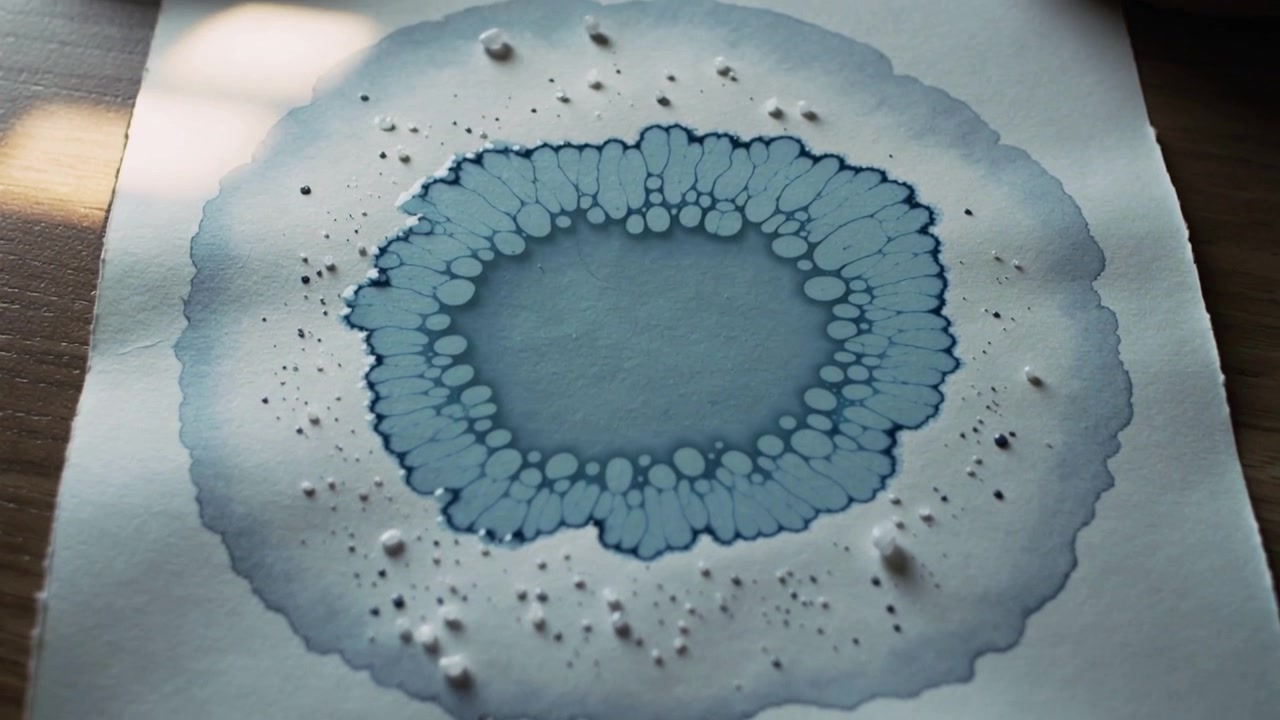 Spreading circular blue stain after pigment drop, moving inward on textured paper on wooden table