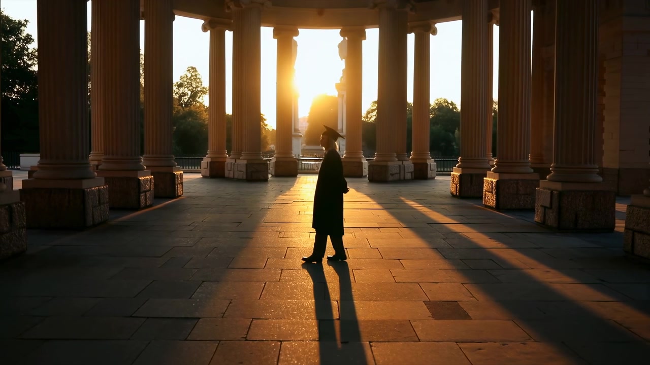 Silhouette in controluce di una persona solitaria in piedi al centro di un padiglione colonnato al tramonto. La calda luce solare bassa crea un controluce e lunghe ombre attraverso