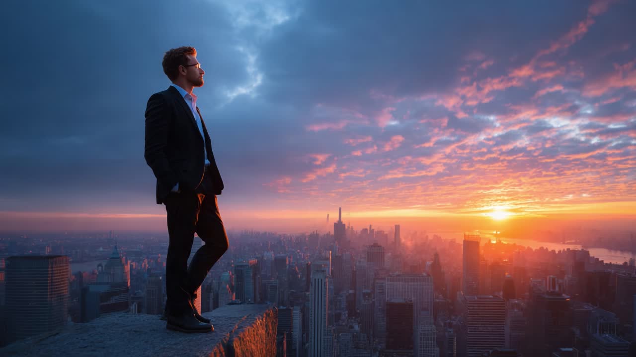 A contemplative figure in a suit stands on a rooftop, gazing over a sprawling metropolis at sunset, surrounded by clouds and the soft glow of twilight