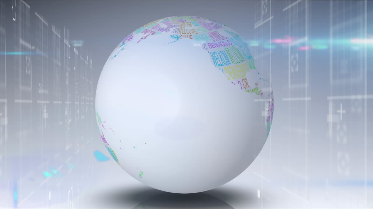 animación del procesamiento de datos, luces y globo con escritos en espacio negro