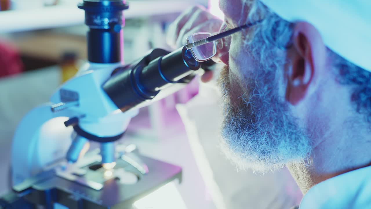Bearded Scientist Looking Through Microscope in Modern Laboratory
