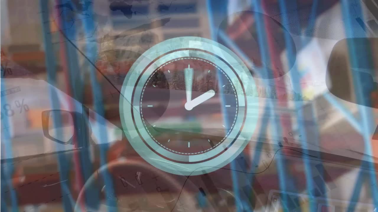 animación del reloj y el procesamiento de estadísticas sobre el paisaje montañoso