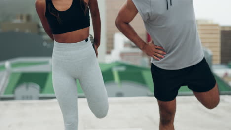 young couple, fitness and training on rooftop