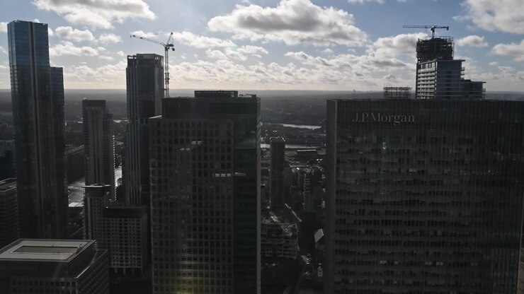 Vista para o JP Morgan do escritório de Canary Wharf, Londres, Reino Unido