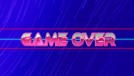 animation of game over text in pink metallic letters over blue light trails on blue background