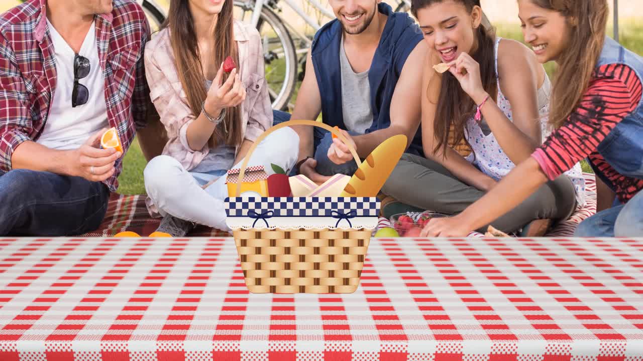 animación de una canasta de picnic en un mantel de gingham y amigos felices y diversos haciendo picnic en el parque