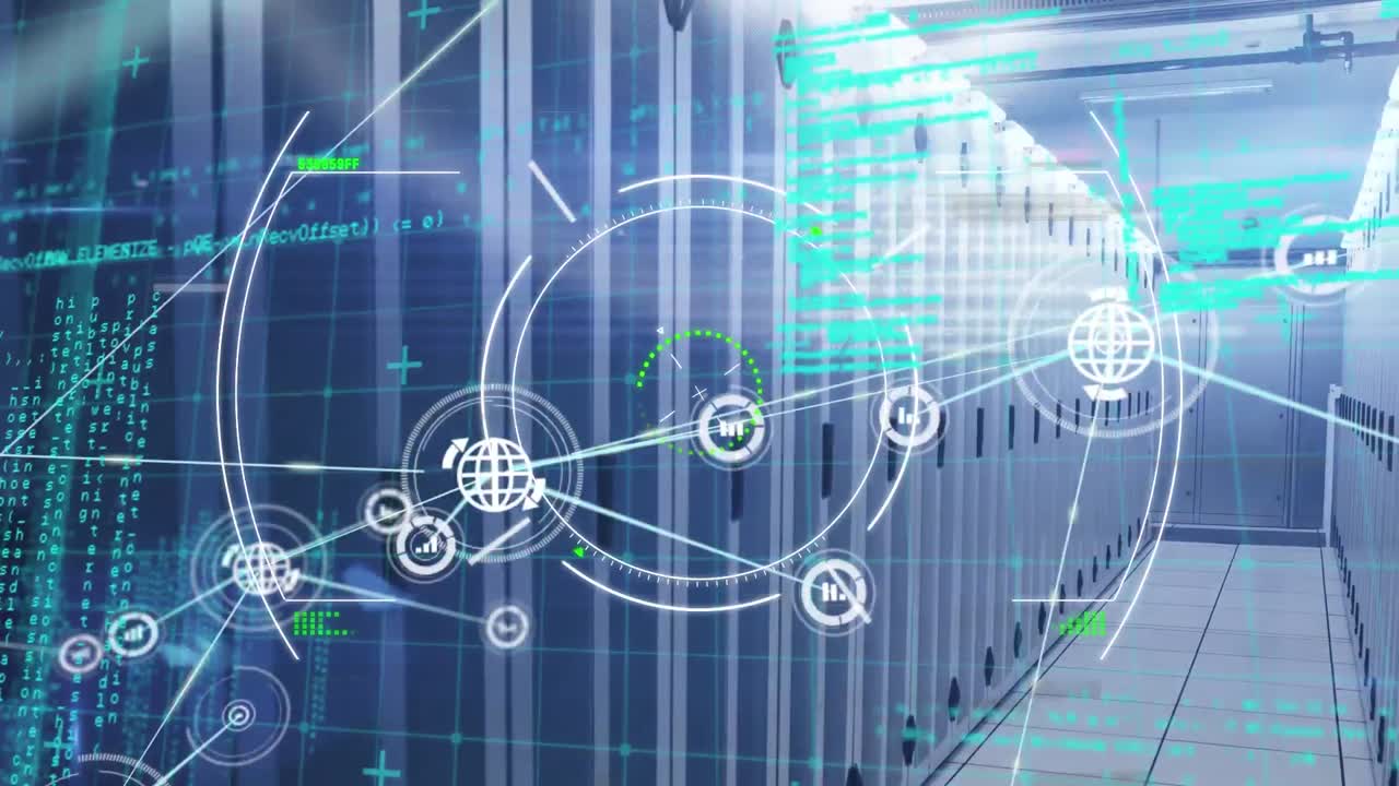 Animation of data processing and network of connections over server room