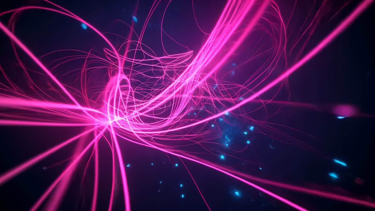 Starting neon pink filaments unfurling and weaving vortex in dark void, with blue glowing particles