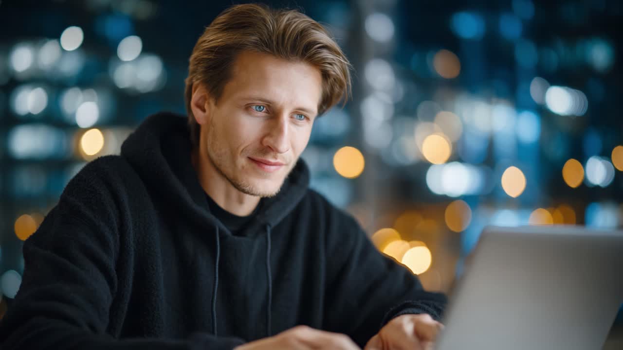 Focused Professional Engaging with Laptop in Modern Workspace, Capturing the Essence of Productivity and Contentment with a Subtle Smile Under Soft Lighting
