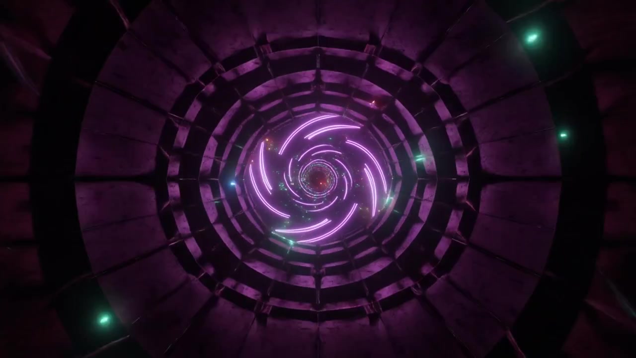 Abstrakt tunnel med glødende lilla neonlys og roterende geometriske mønstre