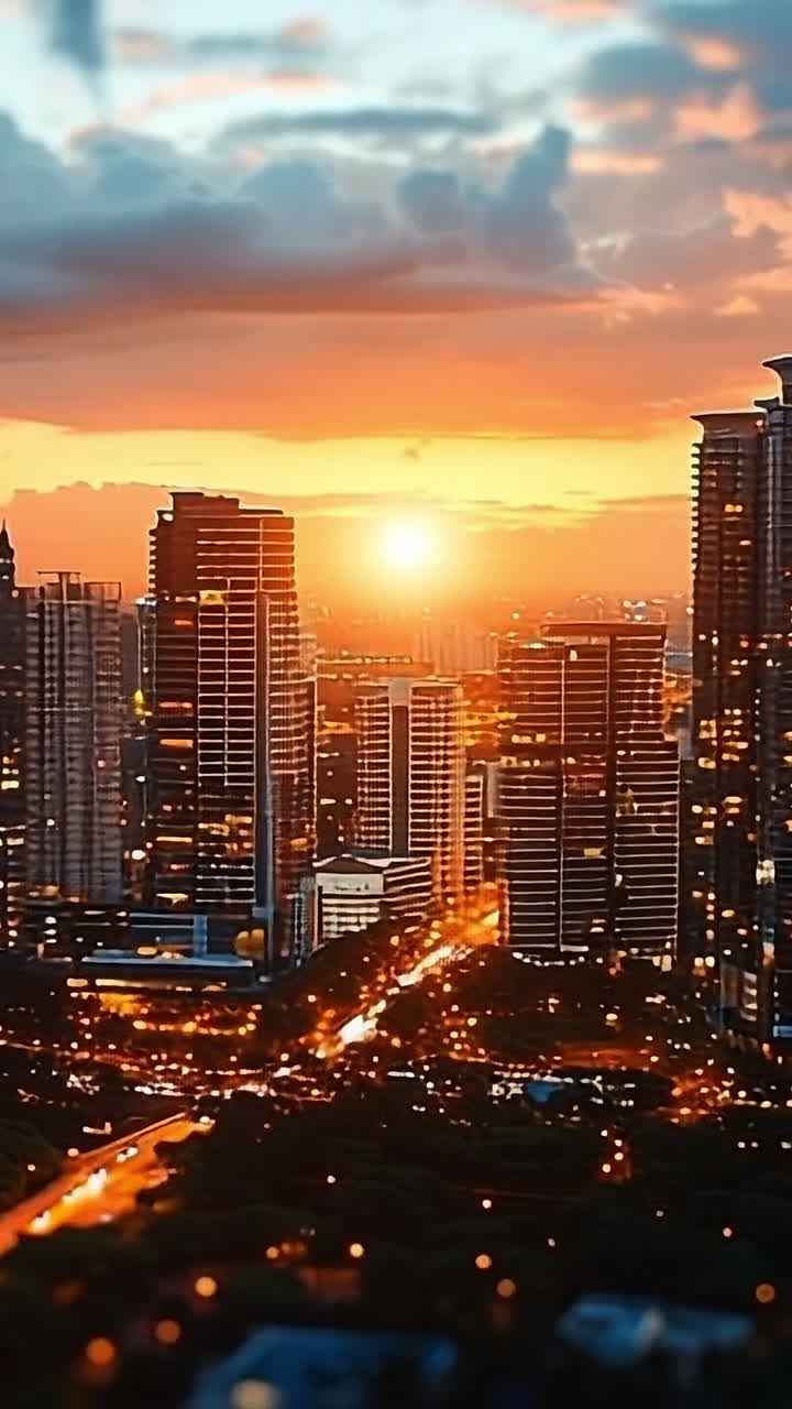 Sunset view over modern city skyline. Bright orange and purple hues fill the sky as the sun sets behind tall buildings in a bustling urban area.
