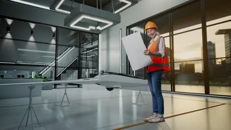 ingeniera revisando el plan del avión no tripulado en una instalación moderna