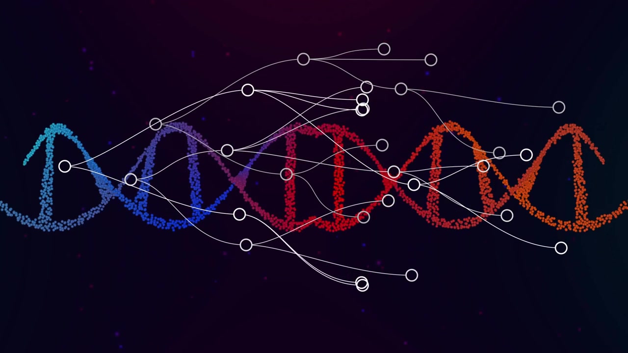 Small nodes fading along colored particle DNA helix, migrating and weaving lines to form network