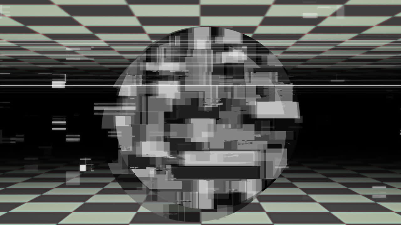 animación de un círculo en blanco y negro con elementos desenfocados que se mueven contra superficies marcadas