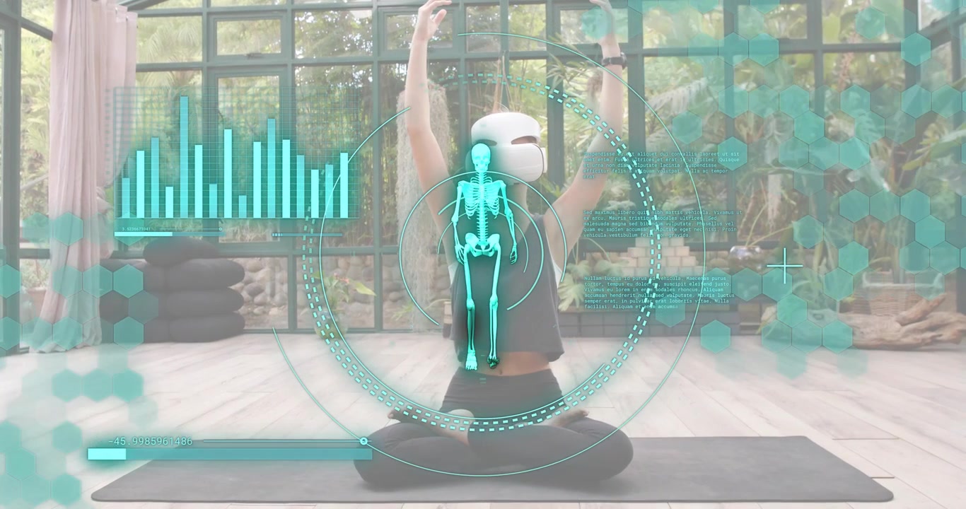 Woman wearing fitness headset pressing chest and starting yoga flow while HUD tracking skeleton