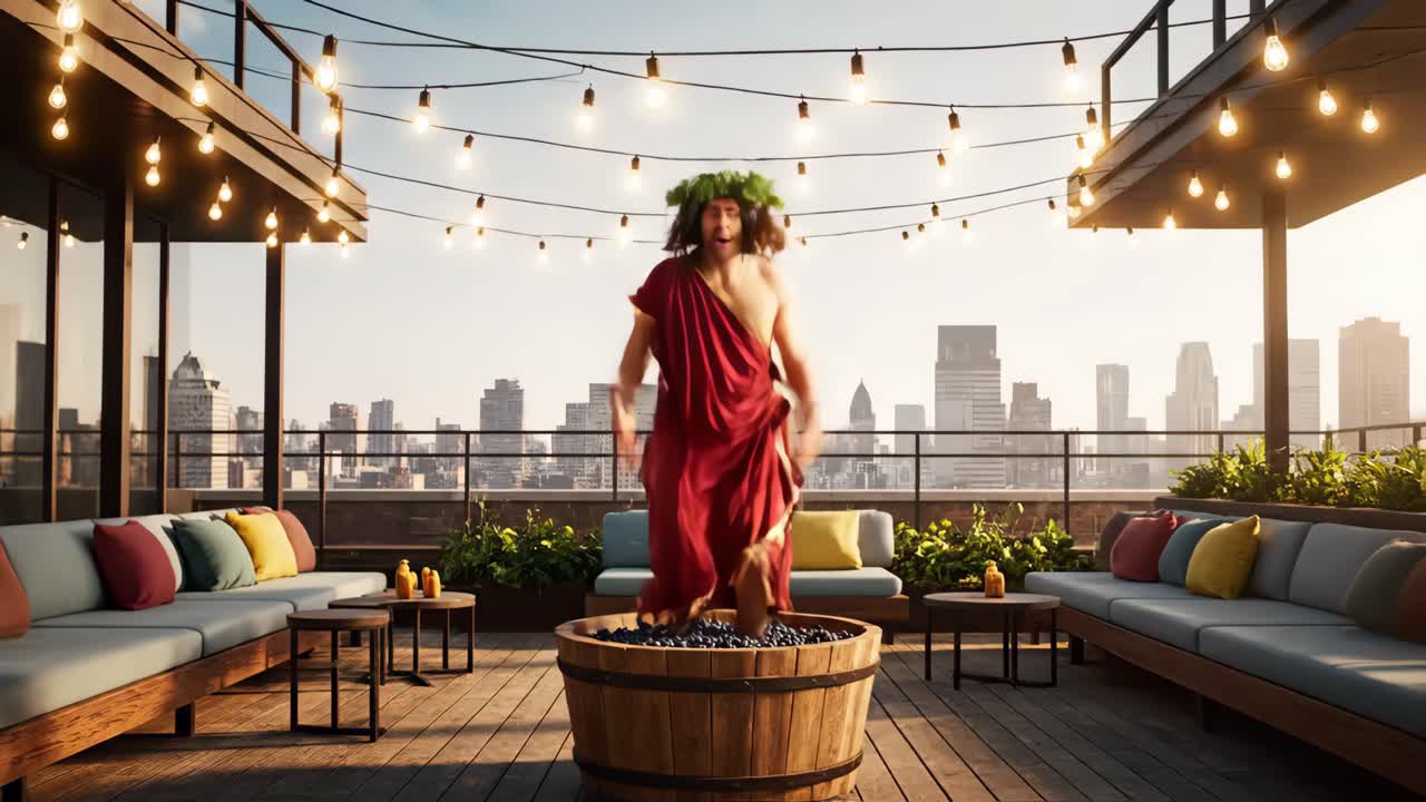 Man Stomping Grapes on Rooftop
