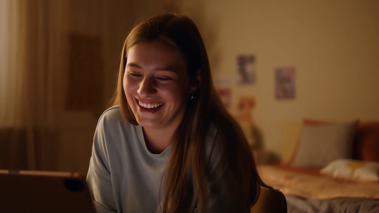 Latenight Laptop Chat Caucasian Woman Smiling Warmly In Cozy Bedroom, College Student On Video Call