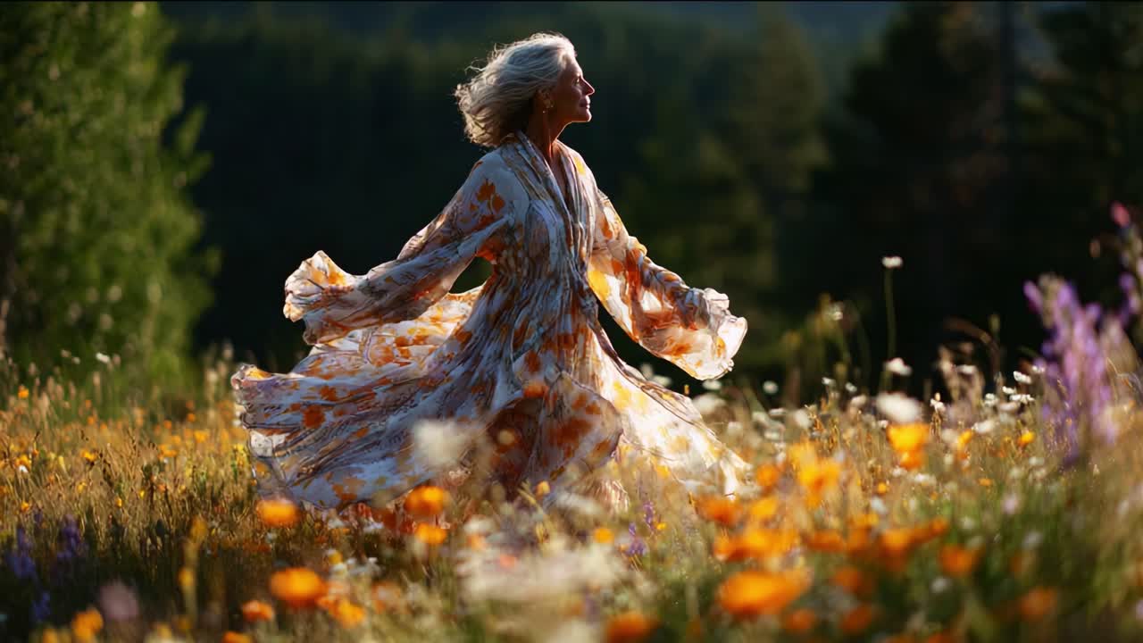 A graceful woman dances joyfully in an enchanting wildflower meadow, her beautiful flowing dress swirling amidst vibrant colors, embodying freedom and nature's beauty in the golden light