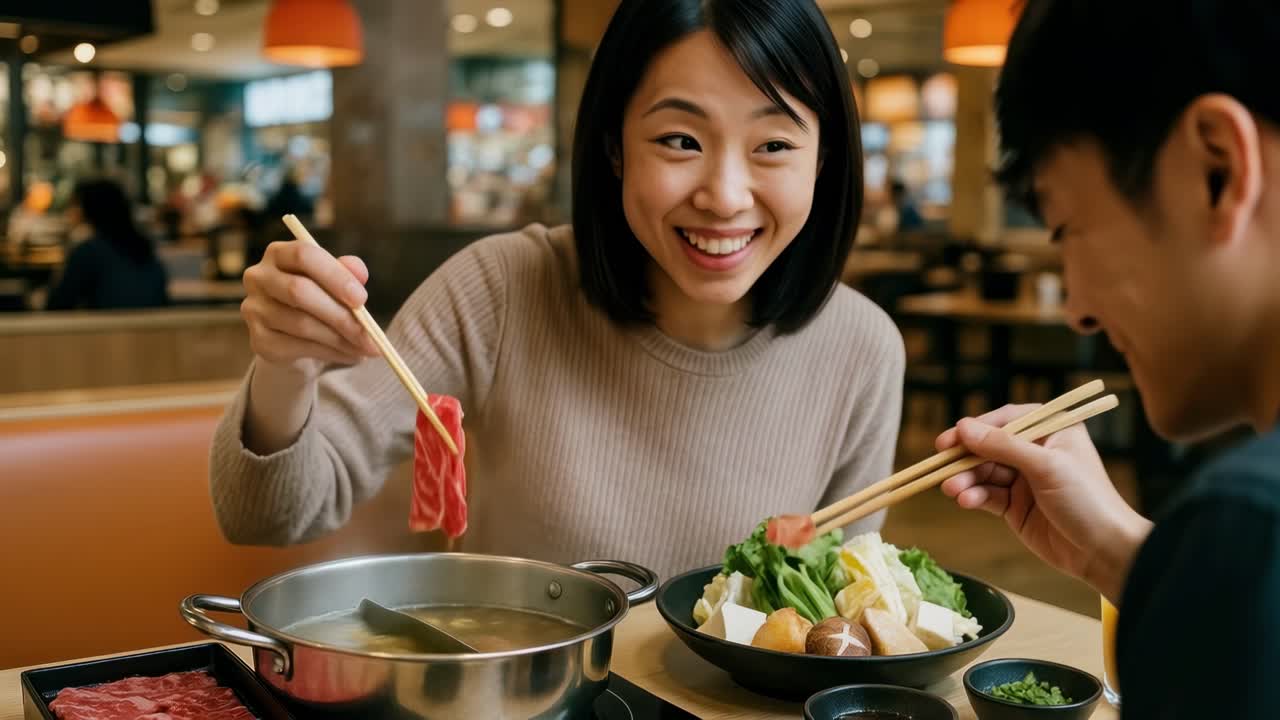 A joyful moment captured at eye level, showing friends enjoying hot pot in a bustling restaurant