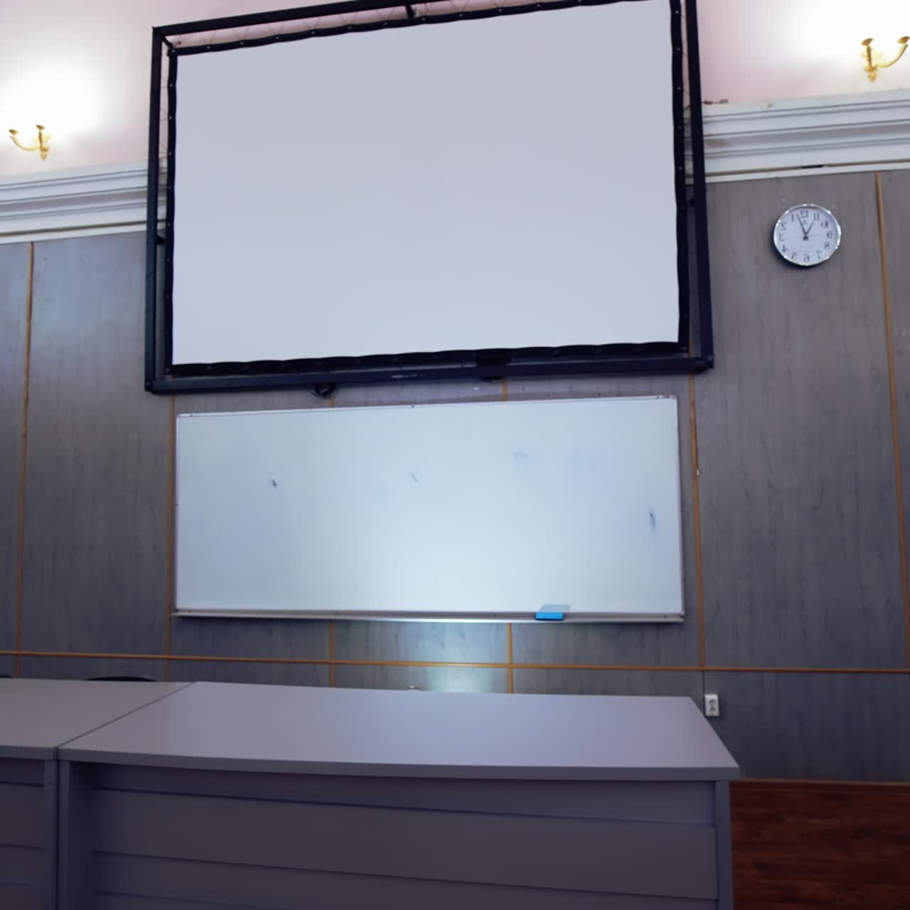 Empty education room with interactive board. School modern classes at university