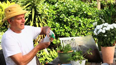 Mature-man-potting-plants-in-his-garden