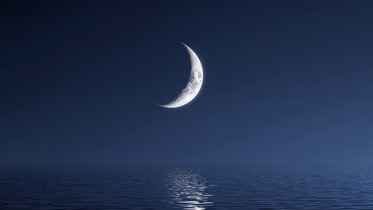 A serene crescent moon reflects on calm ocean waters, captured from a low angle, creating a tranquil