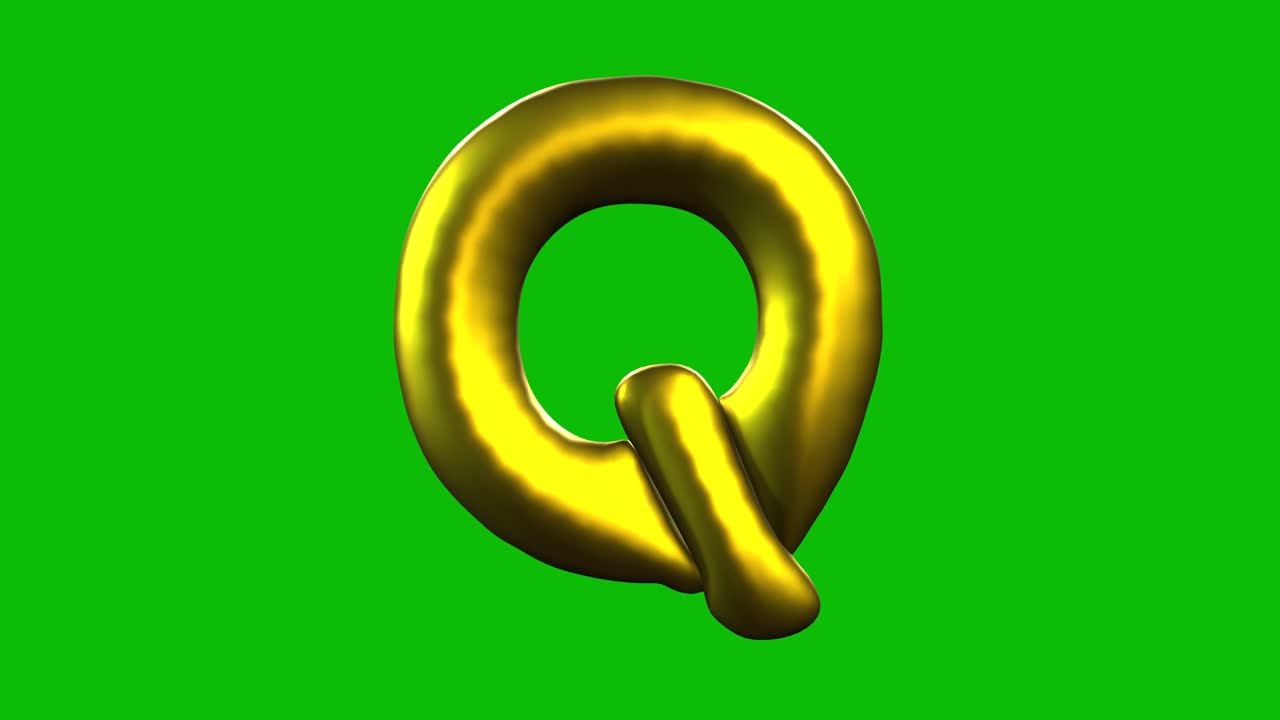 Gold Foil balloon letter Q inflates, spins, and reveals on green screen in 3D animation. Ideal for celebrations, parties, birthdays, and video editing projects