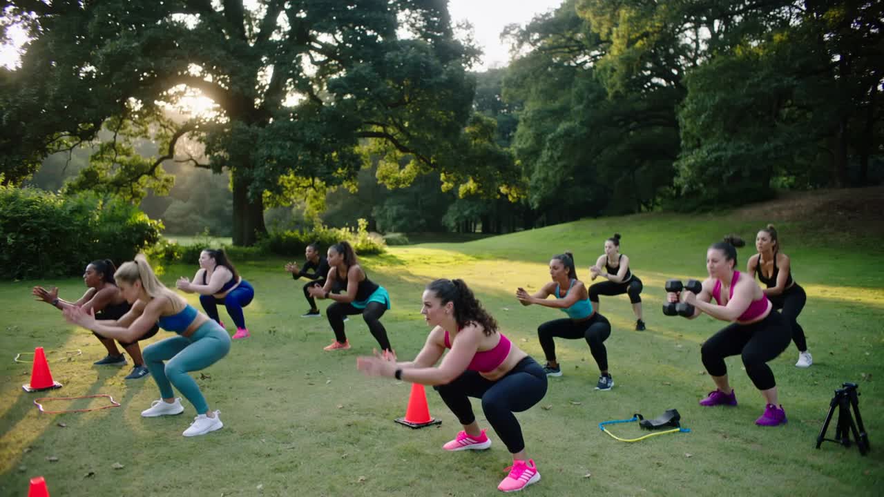 Leader cueing, women in sportswear doing squat jumps on park lawn, with dumbbells cones for fitness