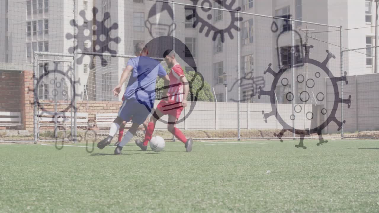 경기장에서 두 팀의 남자 축구 선수들의 코로나19 아이콘의 애니메이션