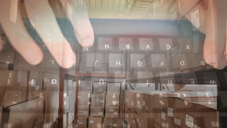 Animation-of-person-typing-on-computer-keyboard-over-stacks-of-boxes-in-warehouse