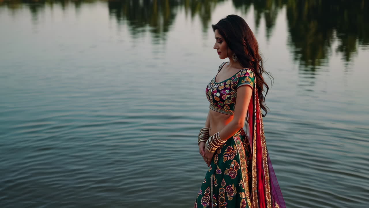 Indian Woman in Traditional Lehenga Saree by the Lake
