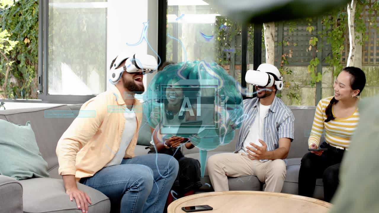 Holo brain AI pulsing over sofa, sparking center man putting on VR, group testing AI tech