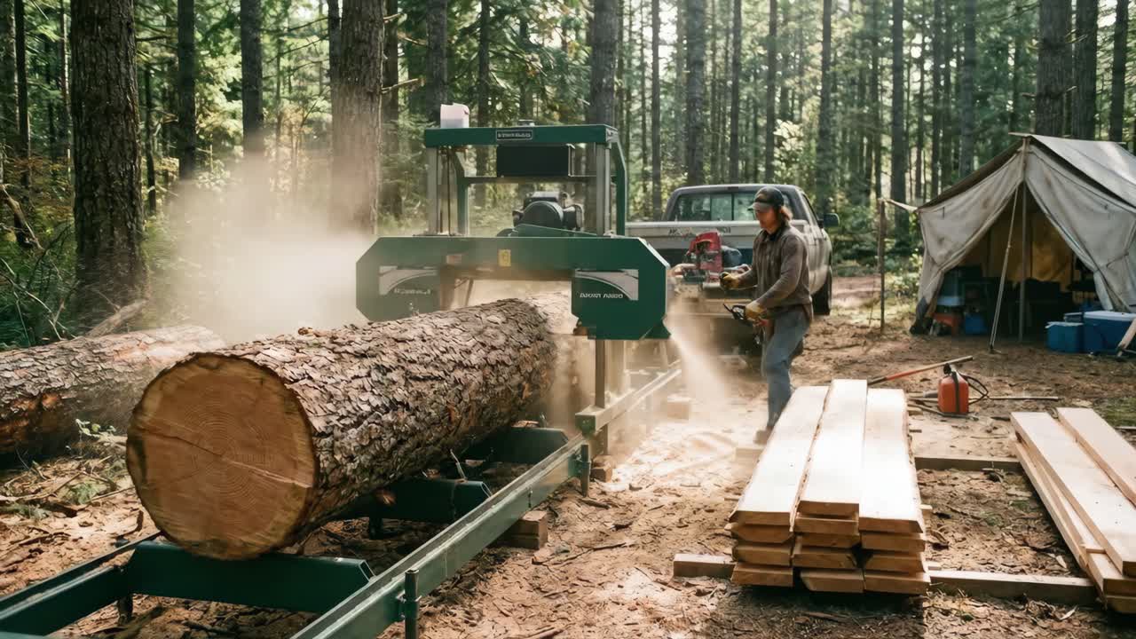 Un uomo utilizza una segheria portatile per tagliare legname in una foresta