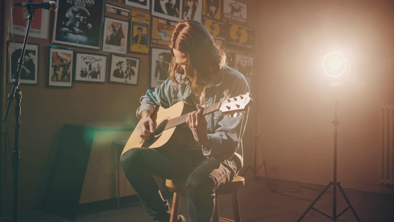 A musician plays acoustic guitar in a cozy studio, with warm lighting and posters