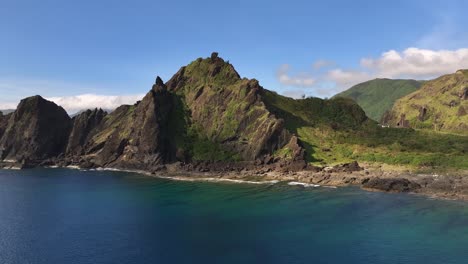 Aerial-view-of-tropical-island-in-south-east-asia-named-Orchid-Island-with-rocks-and-blue-ocean