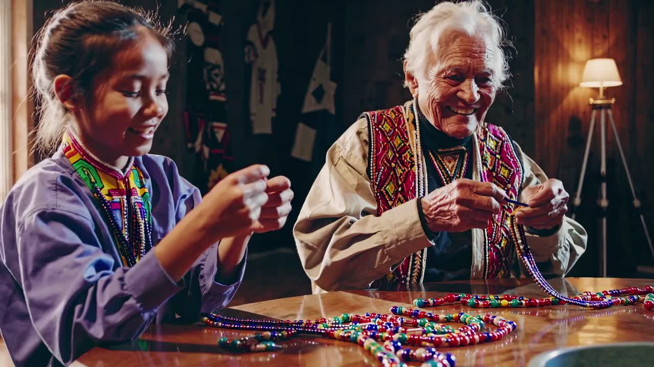 A heartwarming video scene of a child and elder crafting beaded necklaces