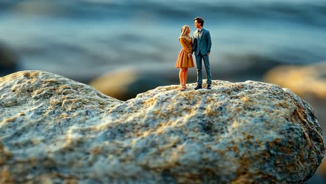 couple stands on heart-shaped rock at sunset by the sea