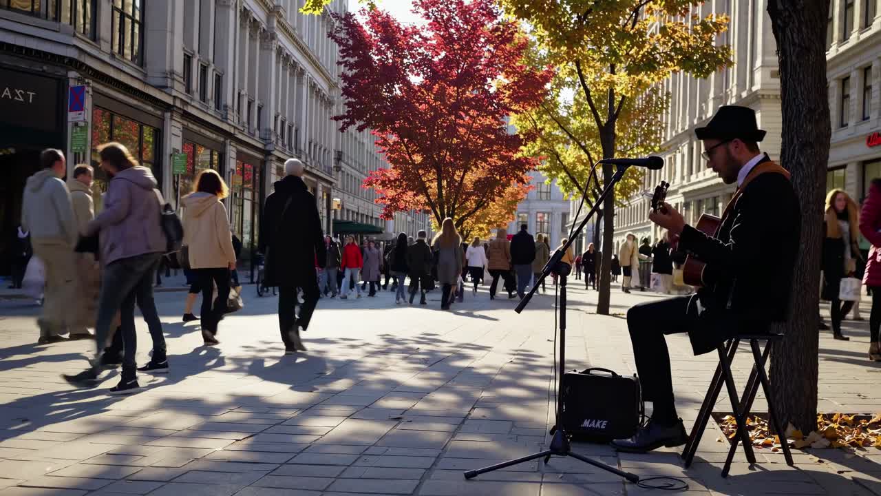 Low-angle video capturing a bustling city street in autumn, with vibrant leaves and people walking