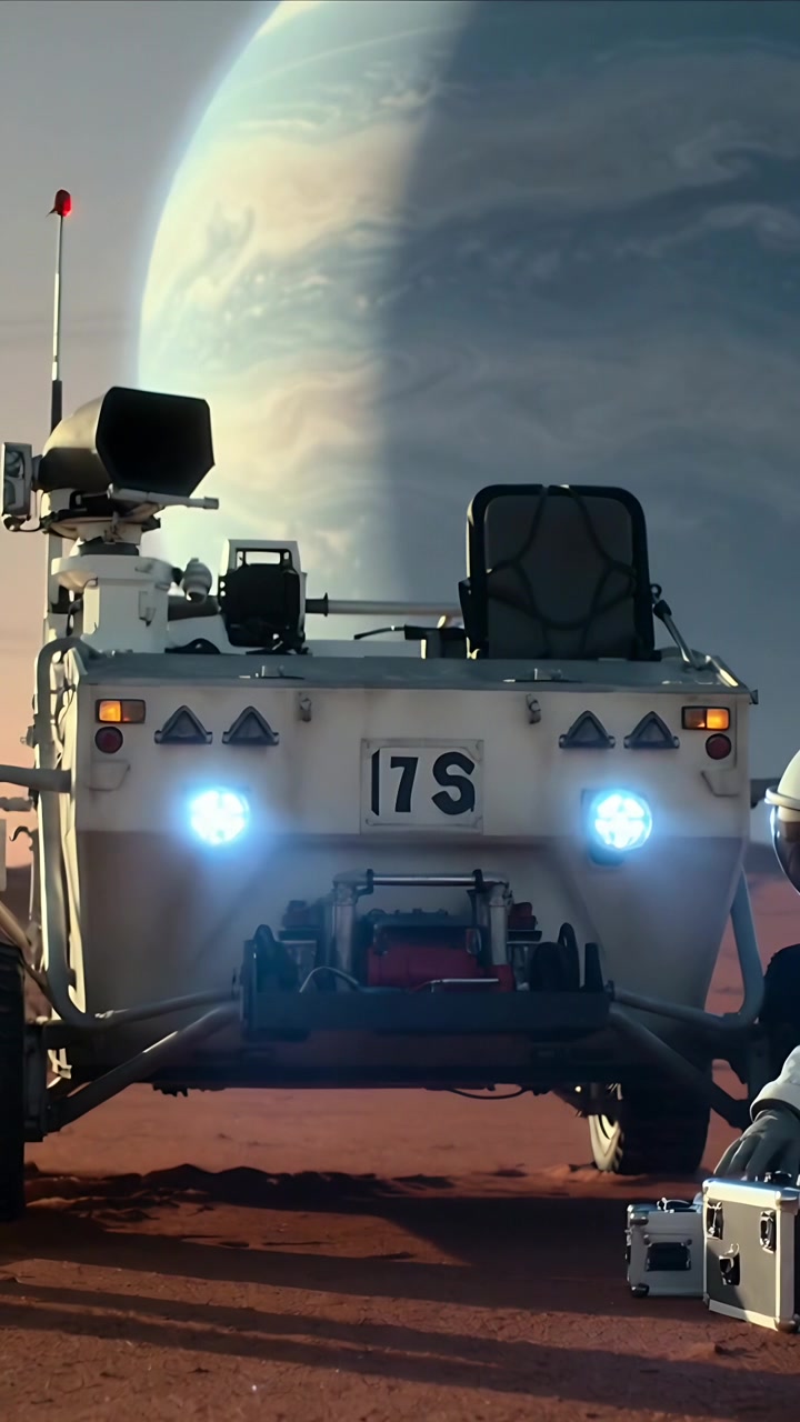 Vertical video: Kneeling tech in EVA suit prepping gear at 17S rover on red plain lights flashing