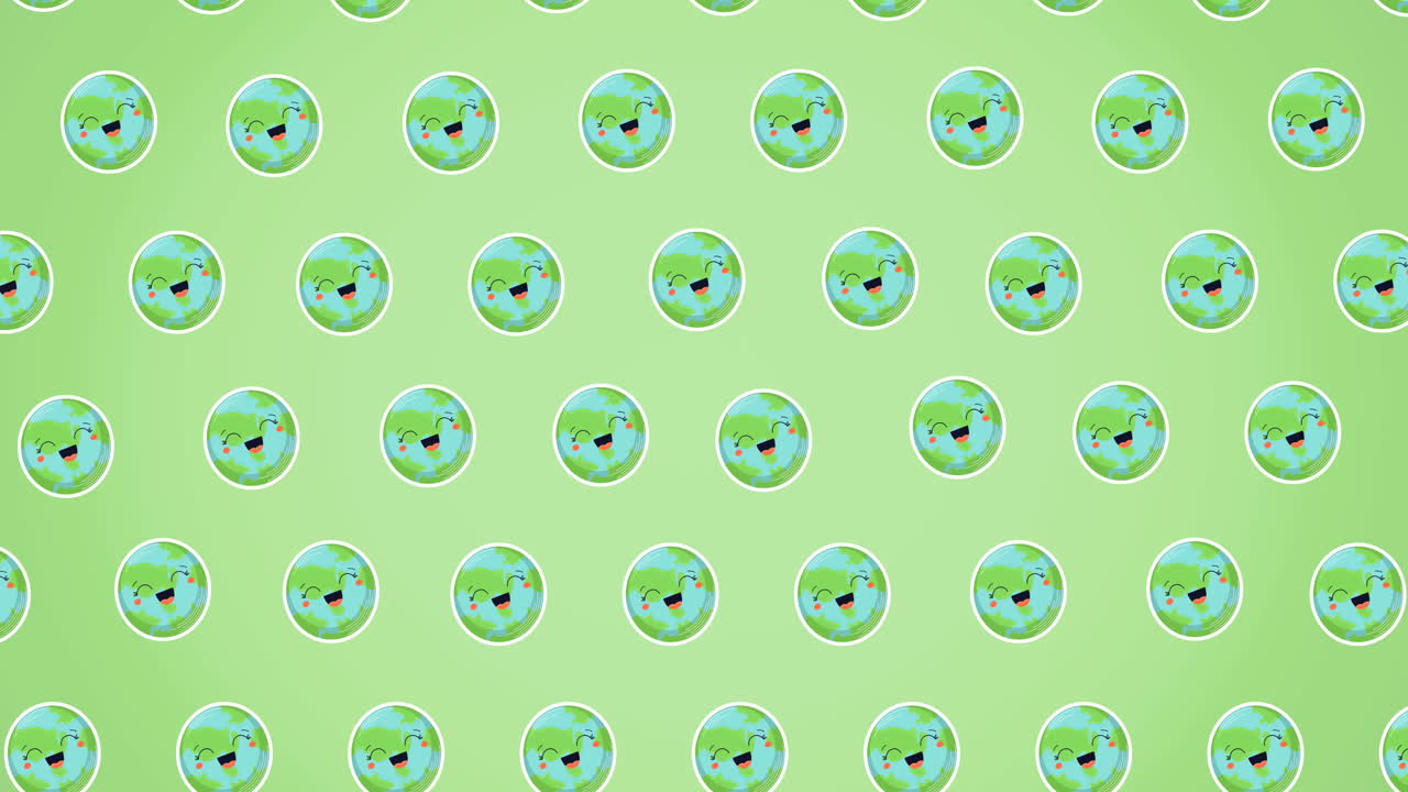 초록색 배경 에 여러 개 의 웃는 지구 의 애니메이션