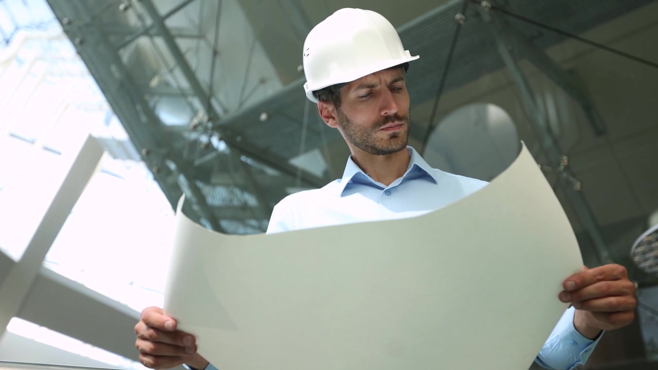 Ingeniero concentrado con sombrero estudiando planos en un edificio moderno