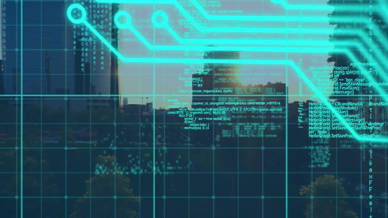Animation of diverse data processing over integrated circuit and cityscape
