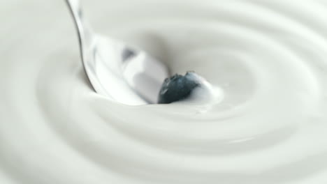 blueberry scooped with silver spoon from creamy thick yogurt in macro and slow motion