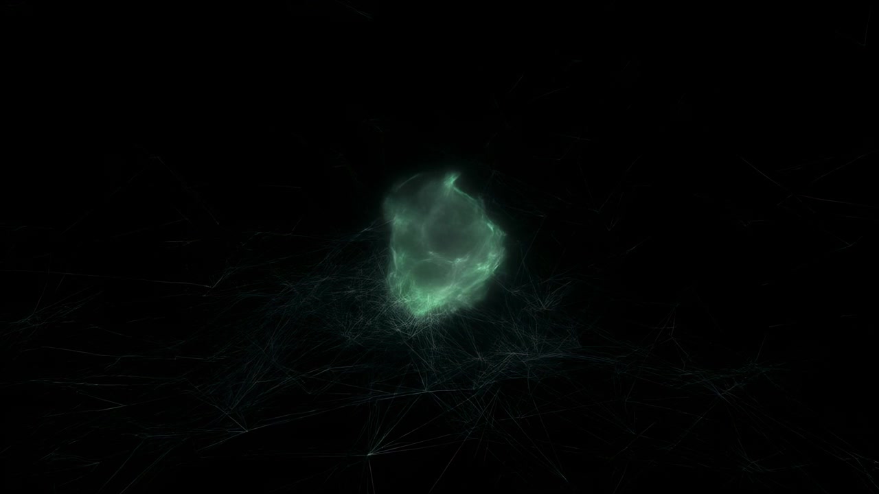 Nebulosa di particelle verdi luminose che emerge dal centro, filamenti pulsanti e nebbia si diffondono verso l'esterno attraverso il vuoto nero.