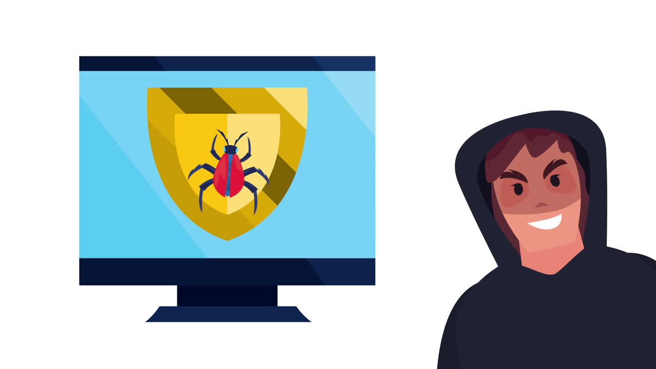 security data animation with spider in golden shield computer and hacker